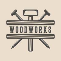 wijnoogst timmerwerk, houtwerk en monteur label, insigne, embleem en logo. vector illustratie. monochroom grafisch kunst.