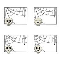 een reeks van plein kaders met een spin web en een klein spin, verschillend schedel emoties, kopiëren ruimte, vector illustratie in tekenfilm stijl