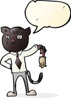 tekenfilm bedrijf kat met dood muis met toespraak bubbel vector