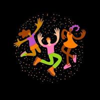 jong meisjes en een vent van verschillend huid kleuren springen en dans. logo, poster, ansichtkaart voor een muziek- festival vector