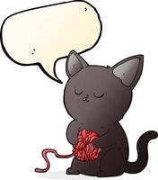 tekenfilm schattig zwart kat spelen met bal van garen met toespraak bubbel vector