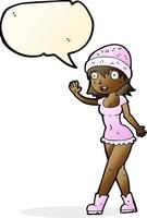 tekenfilm mooi meisje in hoed golvend met toespraak bubbel vector