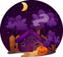 schattig nacht huis met pompoen en kaarsen voor halloween in tekenfilm stijl vector