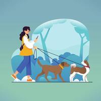 nemen een wandelen met haar hond in de park vector