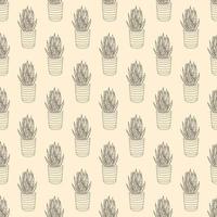 naadloos patroon van hand- getrokken tekening aloë vera in pot. schattig cactus voor kaarten, affiches, kleding stof zwart en wit vector