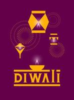 poster voor festival diwali met lucht lantaarn, vuurwerk en diya olie lamp in modern vereenvoudigd stijl vector