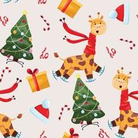 Kerstmis naadloos patroon met grappig giraffe, Kerstmis boom en geschenk doos. vector