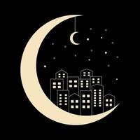 mooi zo nacht kaart met maan en silhouet van nacht stad. beige monochroom vector illustratie in vlak stijl Aan een zwart achtergrond
