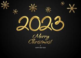 gelukkig nieuw jaar 3d 2023 groet behang vector sjabloon. vrolijk Kerstmis ontwerp groet tekst met Kerstmis decor elementen zo net zo een sneeuwvlokken Aan een zwart achtergrond met luxe goud.