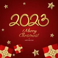gelukkig nieuw jaar 2023 groet vector Sjablonen. vrolijk Kerstmis ontwerp groet tekst met kleurrijk Kerstmis decor elementen zo net zo een geschenk, sterren Aan een rood achtergrond met luxe goud.
