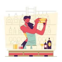 vrouw barman mengen een drinken vector