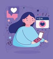 jonge vrouw met smartphone romantische bericht liefde cartoon vector