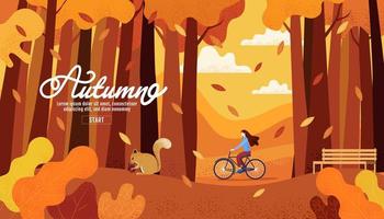 herfst startpagina met vrouw op fiets in bos vector
