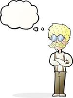 tekenfilm hipster Mens met snor en bril met gedachte bubbel vector
