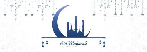 eid mubarak-kaartbanner met blauwe maan en moskee vector