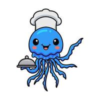 schattig blauw chef kwal tekenfilm portie voedsel in een splinter schotel vector