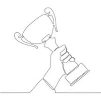 hand- Holding trofee doorlopend lijn tekening vector