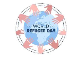 wereld vluchteling dag sjabloon hand- getrokken tekenfilm vlak illustratie met handen, familie en beklimmen met weerhaken draad hek naar immigreren naar opslaan plaats vector