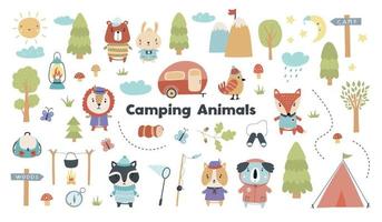 schattig reeks van illustraties met Woud dieren, camping, bomen, bergen en andere elementen. vector