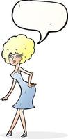tekenfilm vrouw poseren in jurk met toespraak bubbel vector