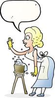 tekenfilm huisvrouw het wassen omhoog met toespraak bubbel vector