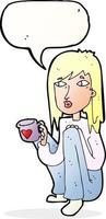 tekenfilm vrouw zittend met kop van koffie met toespraak bubbel vector