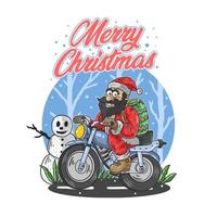 vrolijk kerstfeest tekst met de kerstman op motorfiets vector