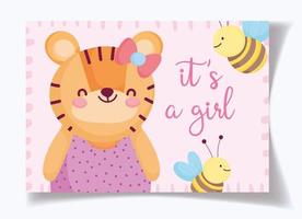 tijger meisje en bijen babydouche kaartsjabloon vector