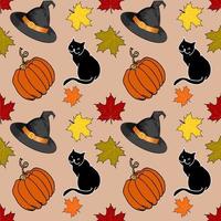 naadloos patroon met zwart katten, heks hoed en halloween pompoenen Aan een oranje achtergrond. het kan worden gebruikt voor scrapbooking digitaal papier, textiel afdrukken. vector