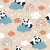 schattig slapen panda beer Aan een wolk voor baby naadloos patroon. grappig poster in bruin, beige kleuren. vector illustratie