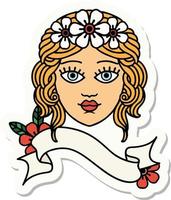 tatoeëren stijl sticker met banier van vrouw gezicht met kroon van bloemen vector