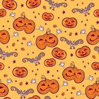 naadloos patroon van schattig tekenfilm oranje halloween pompoen Aan geel achtergrond. vector