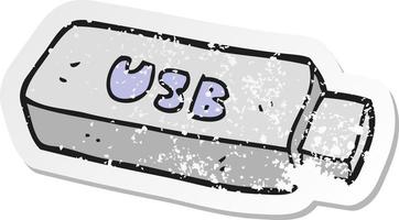 retro verontrust sticker van een tekenfilm USB stok vector