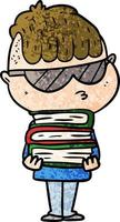 tekenfilm jongen vervelend zonnebril met stack van boeken vector
