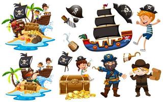 set van piraten met schip en goud vector