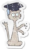 retro verontrust sticker van een tekenfilm kat met diploma uitreiking pet vector