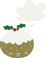 schattige cartoon kerstpudding en gedachte bel in retro stijl vector