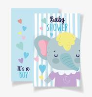 baby shower kaartsjabloon met schattige olifant jongen vector