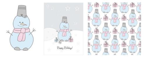 schattig sneeuwman in een sjaal illustratie. winter hand- getrokken kaarten en naadloos patroon. sneeuw. 2021. gelukkig vakantie. Kerstmis en nieuw jaar. vector