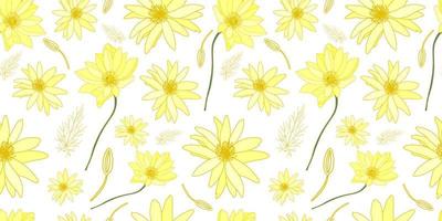geel bloemen Aan een wit achtergrond patroon. veld- zomer bloemen. mooi delicaat patroon Aan de kleding stof. vector