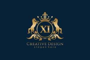 eerste xi retro gouden kam met cirkel en twee paarden, insigne sjabloon met scrollt en Koninklijk kroon - perfect voor luxueus branding projecten vector