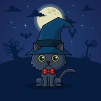 spookachtig zwart heks kat halloween in begraafplaats vol maan schattig kawaii vector