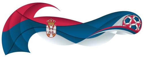 rood blauw en wit voetbal bal weggaan een abstract spoor in de het formulier van een golvend met de kleuren van de Servisch vlag Aan een wit achtergrond vector