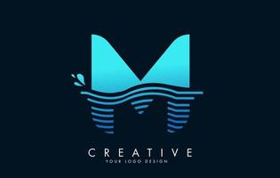 blauw m brief logo met golven en water druppels ontwerp. vector