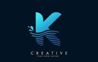 blauw k brief logo met golven en water druppels ontwerp. vector