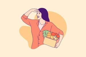 illustraties mooi vrouw Holding picknick mand voedsel voor wereld voedsel dag ontwerp concept vector