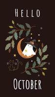 de halloween sjabloon of behang, de schattig geest vel wie draagt een zwart heks hoed, zwart kat en herfst kleurrijk bladeren. vector