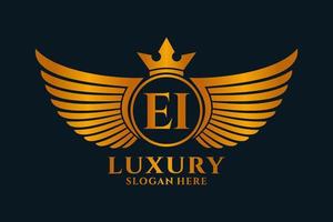 luxe Koninklijk vleugel brief ei kam goud kleur logo vector, zege logo, kam logo, vleugel logo, vector logo sjabloon.