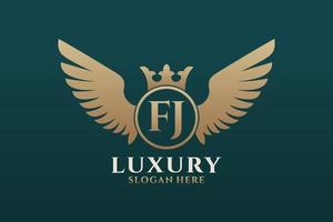 luxe Koninklijk vleugel brief fj kam goud kleur logo vector, zege logo, kam logo, vleugel logo, vector logo sjabloon.