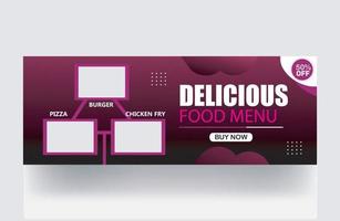 heerlijk voedsel menu banier pizza hamburger sociaal media kip bakken Hoes ontwerp post Hoes banier miniatuur ontwerp sjabloon vector